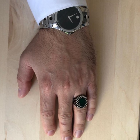 925 Sterling Silver Green Agate Men ring - Picture 4 of 4